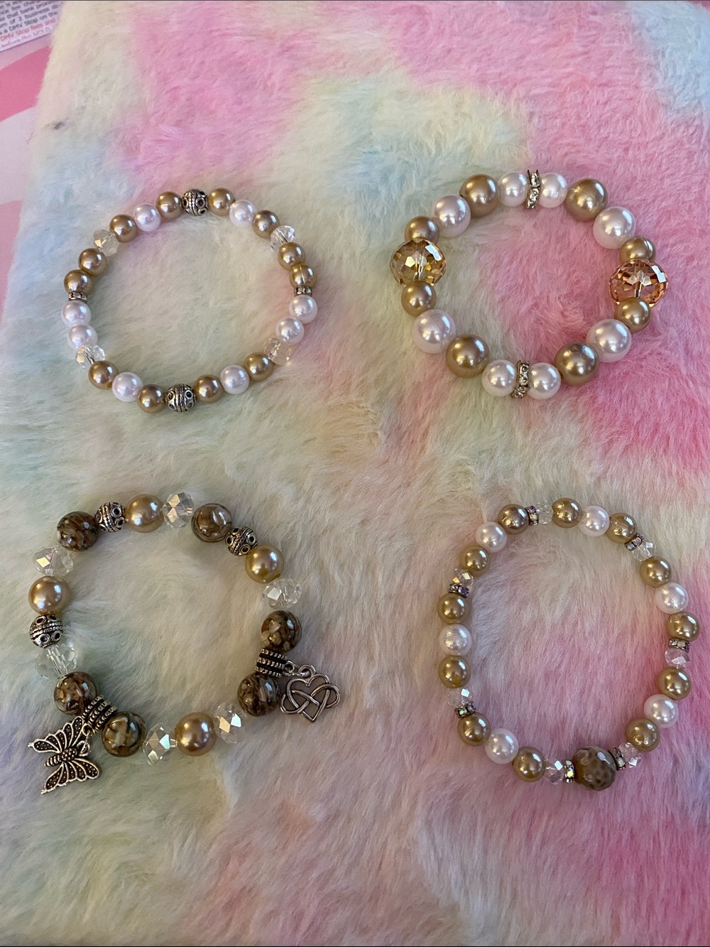 Pearl & Gold Beaded Stretch Bracelet - Women Jewelry